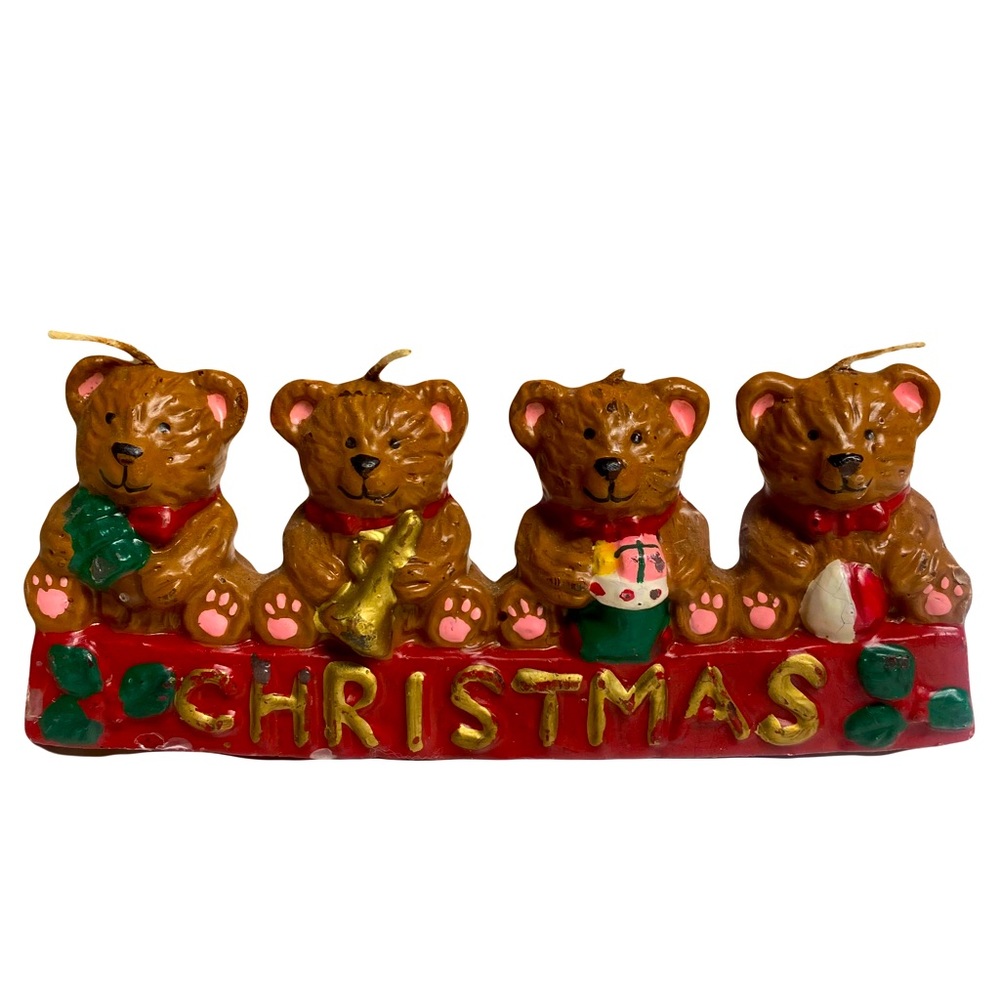 Vintage 4 Teddy Bear Christmas Candle- Never Burned